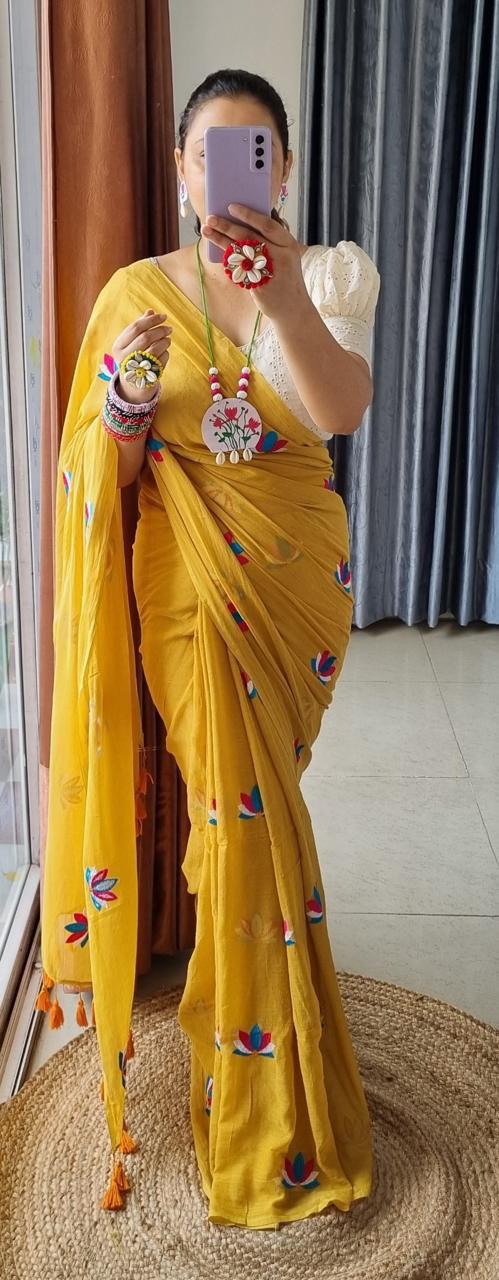 Mul Cotton Embroidery Saree - Front View